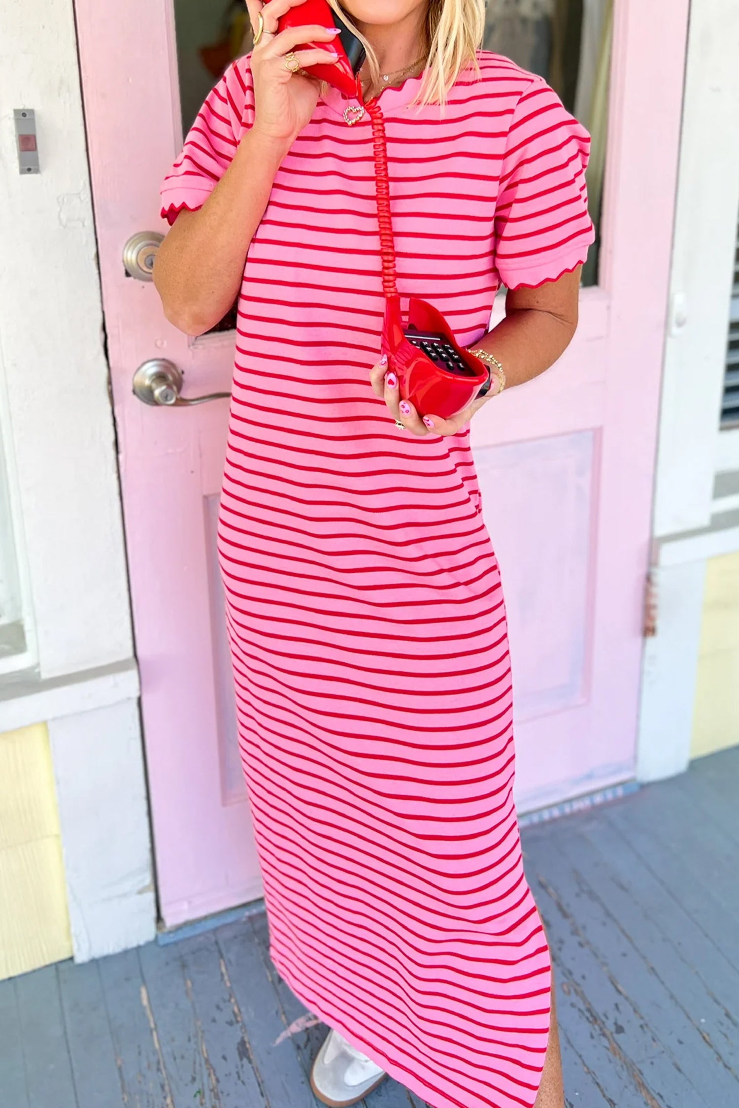 Striped Short Sleeve Scalloped Trim Side Slit T-Shirt Dress – Rose Stripe