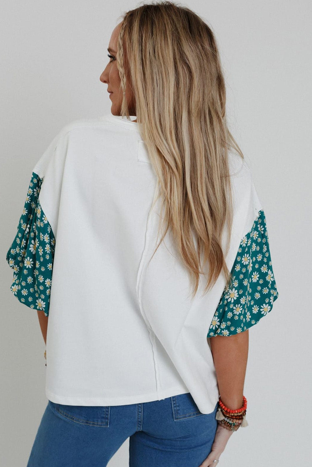 White Contrast Floral Puff Sleeve Oversized Top eAura