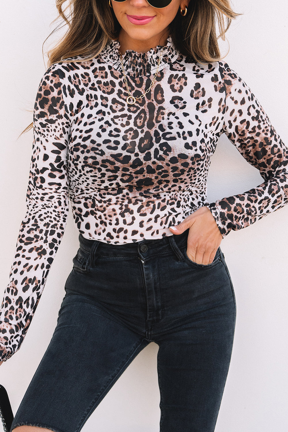 Brown Leopard Smocked Neck Mesh Long Sleeve Bodysuit eAura