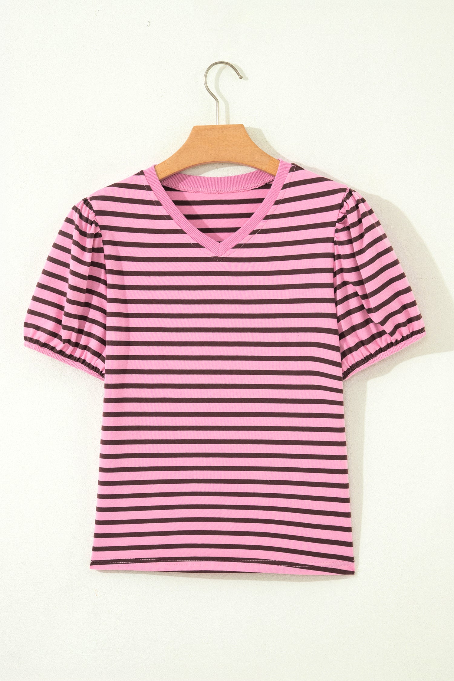 Rose Stripe V-Neck Puff Sleeve Top – Ribbed Collar & Cuff Detail