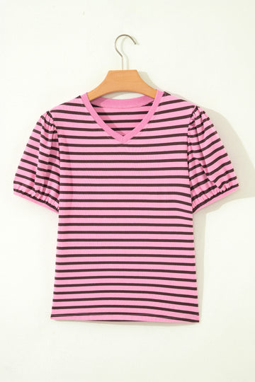 Rose Stripe V-Neck Puff Sleeve Top – Ribbed Collar & Cuff Detail