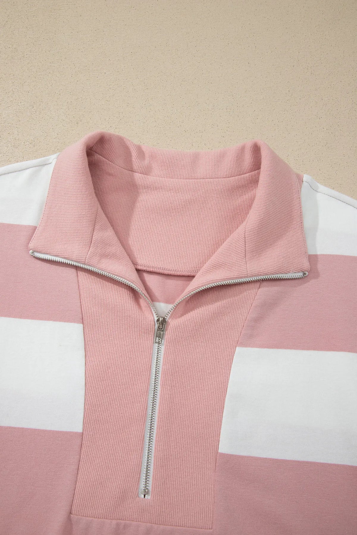 Half Zip Bracelet Sleeve Top Casual Short Set – Pink Stripe
