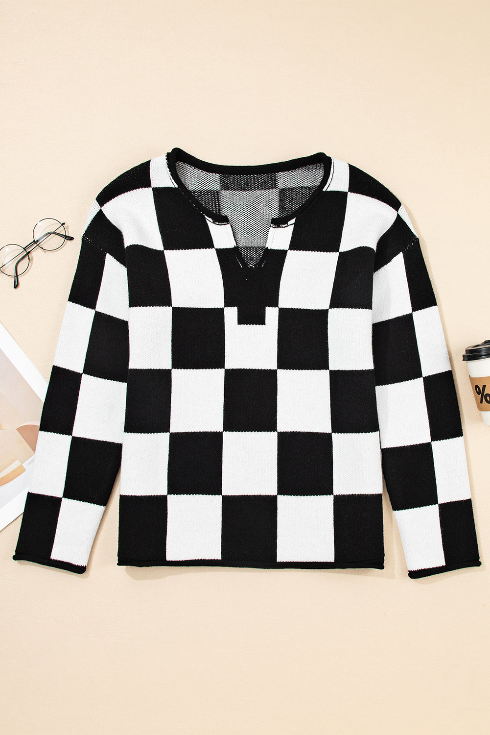 Checked Notched Neckline Drop Shoulder Knit Sweater eAura