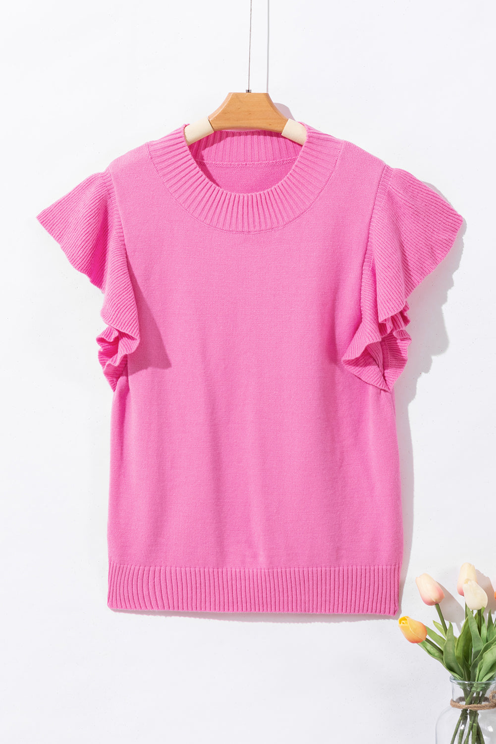 Bonbon Ribbed Mock Neck Ruffled Short Sleeve Sweater eAura