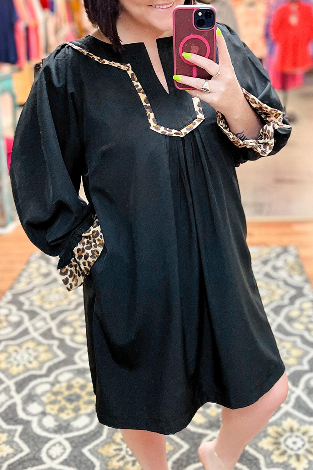 Black Plus Size Notched Neck Leopard Trim Flounce Long Sleeve Shift Dress - eAura