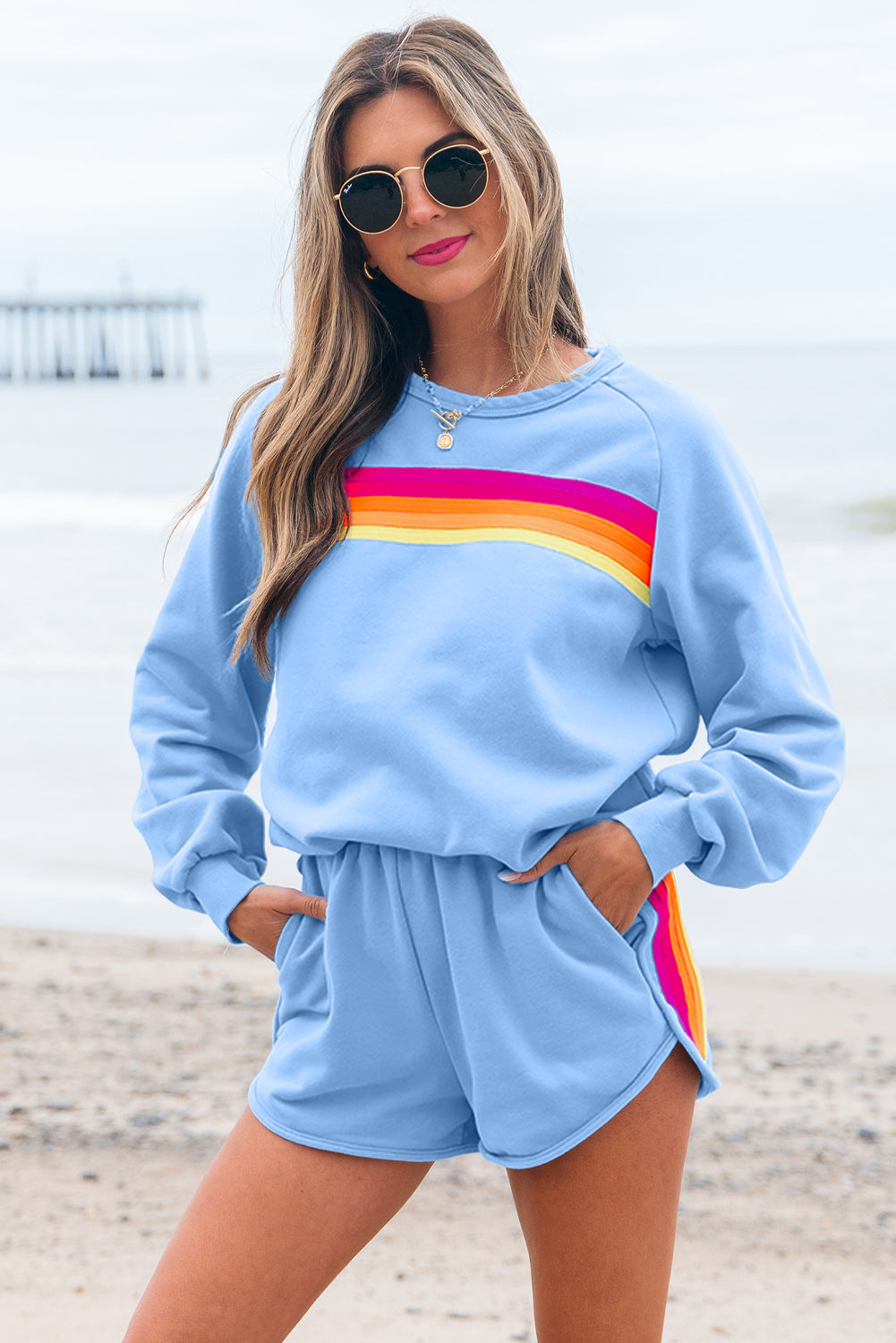 Beau Blue Striped Accent Pullover and Shorts Two Piece Casual Set Beagle Boutique Fashion Outlet