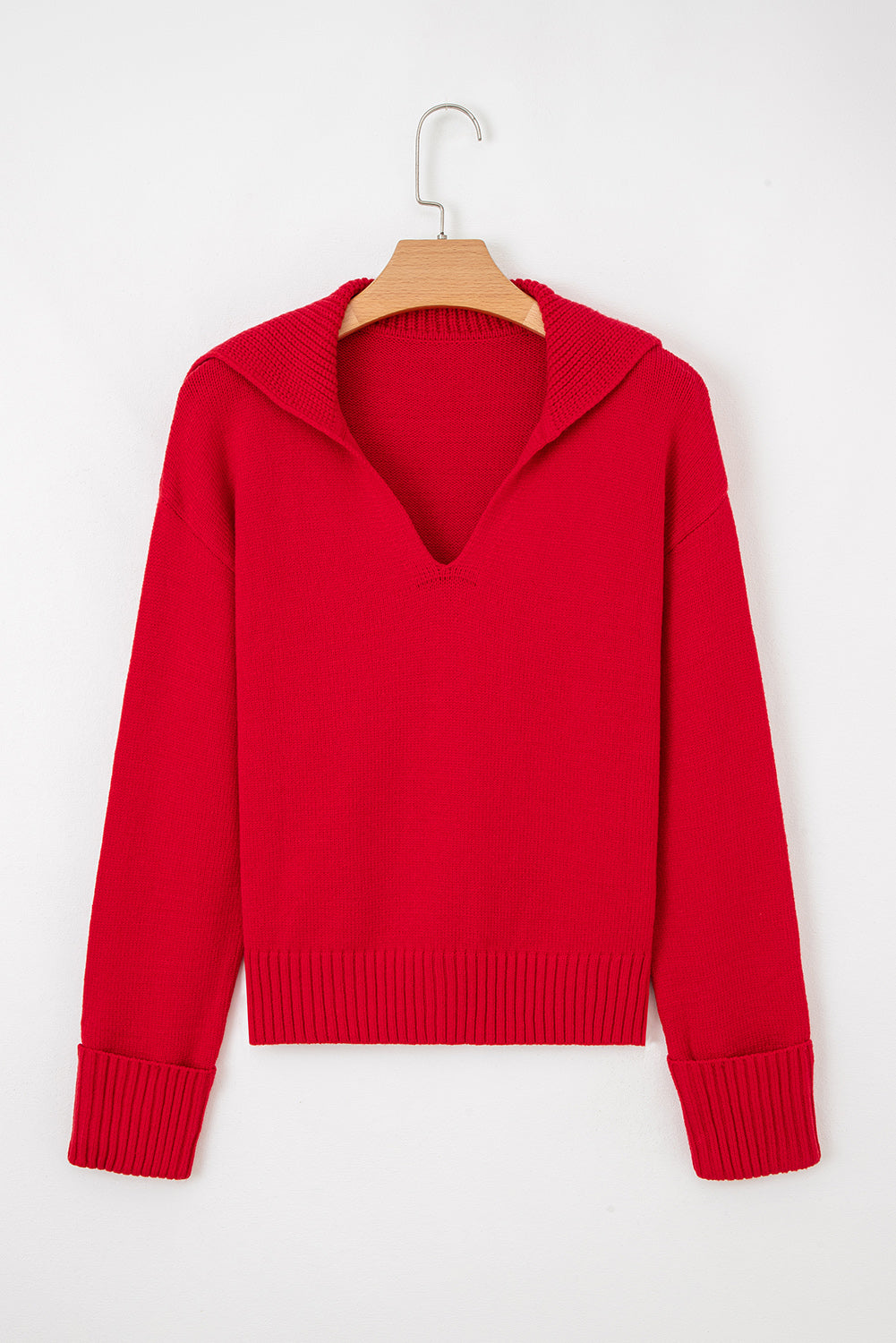 Collared V-Neck Ribbed Edge Sweater - eAura