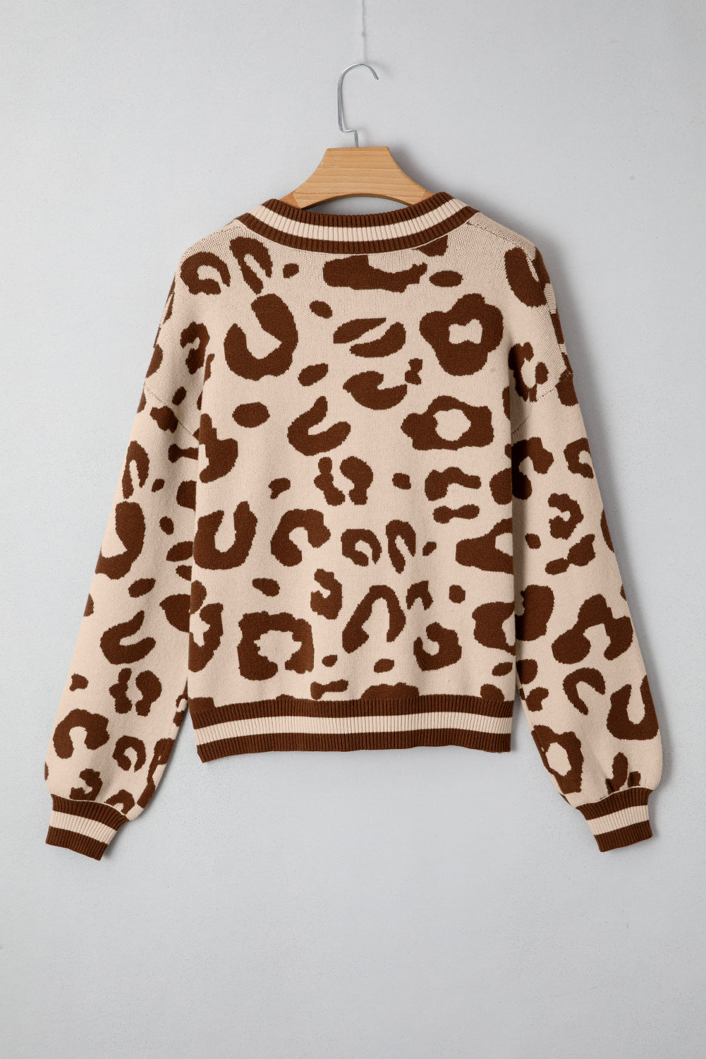 Beige Leopard Printed Knit V-Neck Casual Sweater - eAura