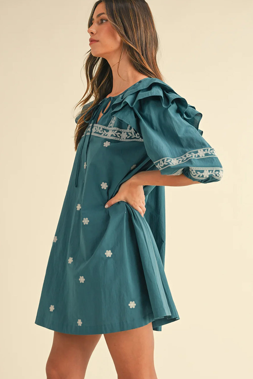 Skobeloff Boho Floral Ruffle Puff Sleeve Lace-up V Neck Mini Dress eAura