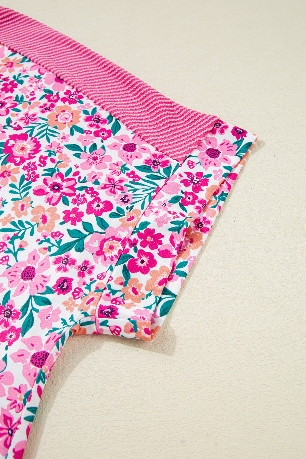 Pink Plus Size Floral Print Ribbed Patchwork Loose Top BB Fashion Outlet