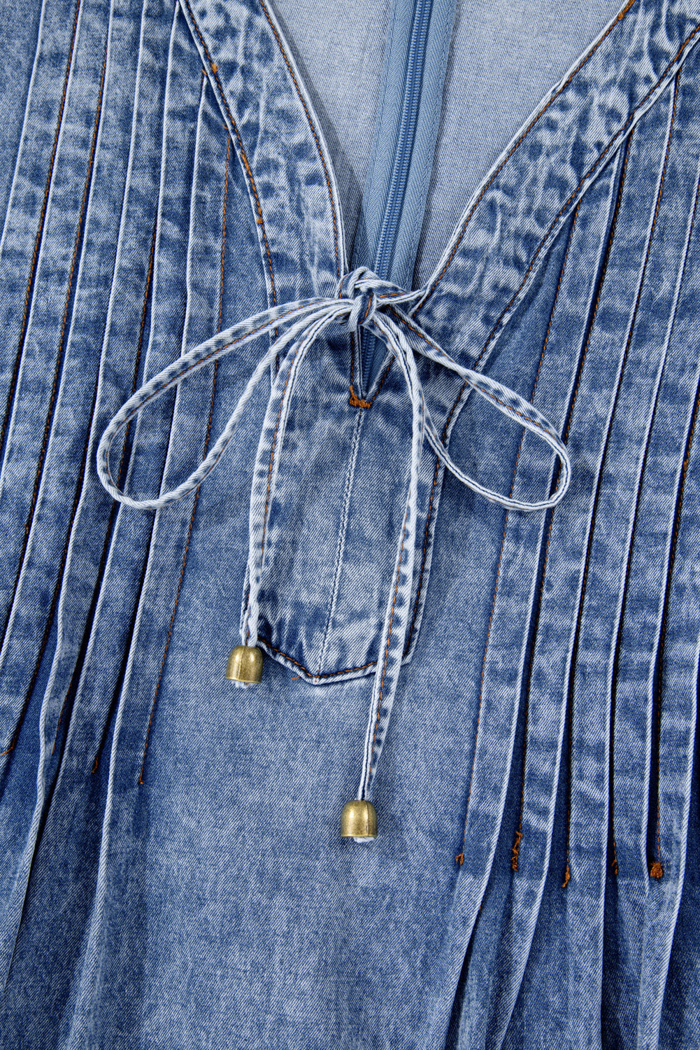 Beau Blue Tie V-Neck Tucking Detail Short Sleeve Denim Shift Dress - eAura