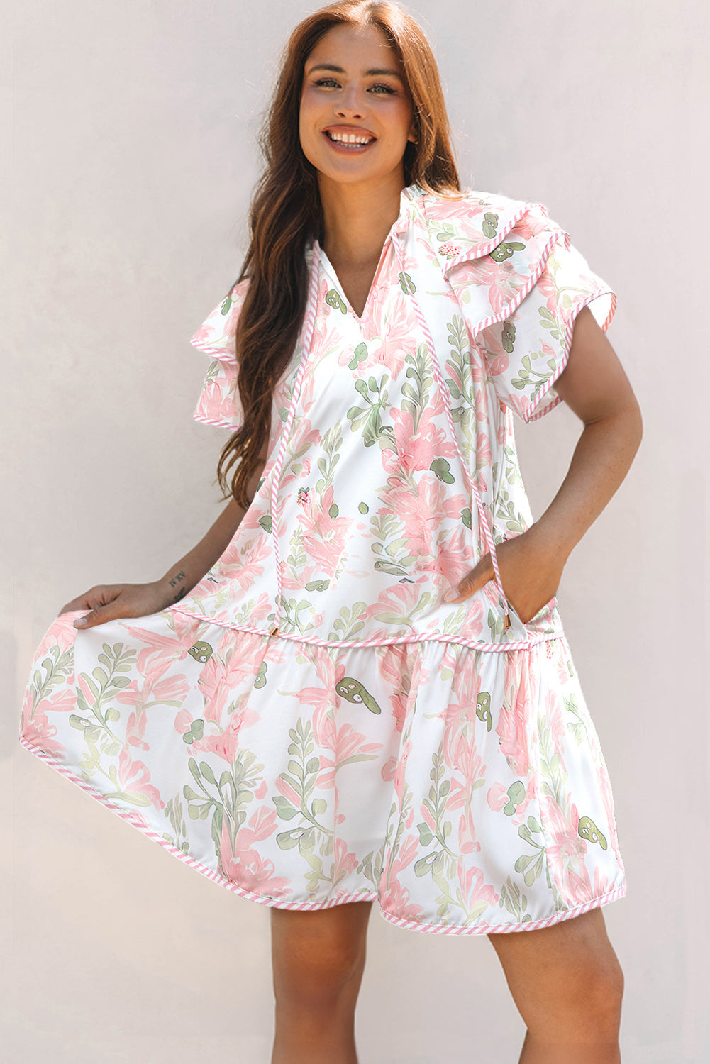 Floral Contrast Edge Layered Short Sleeve Mini Dress eAura