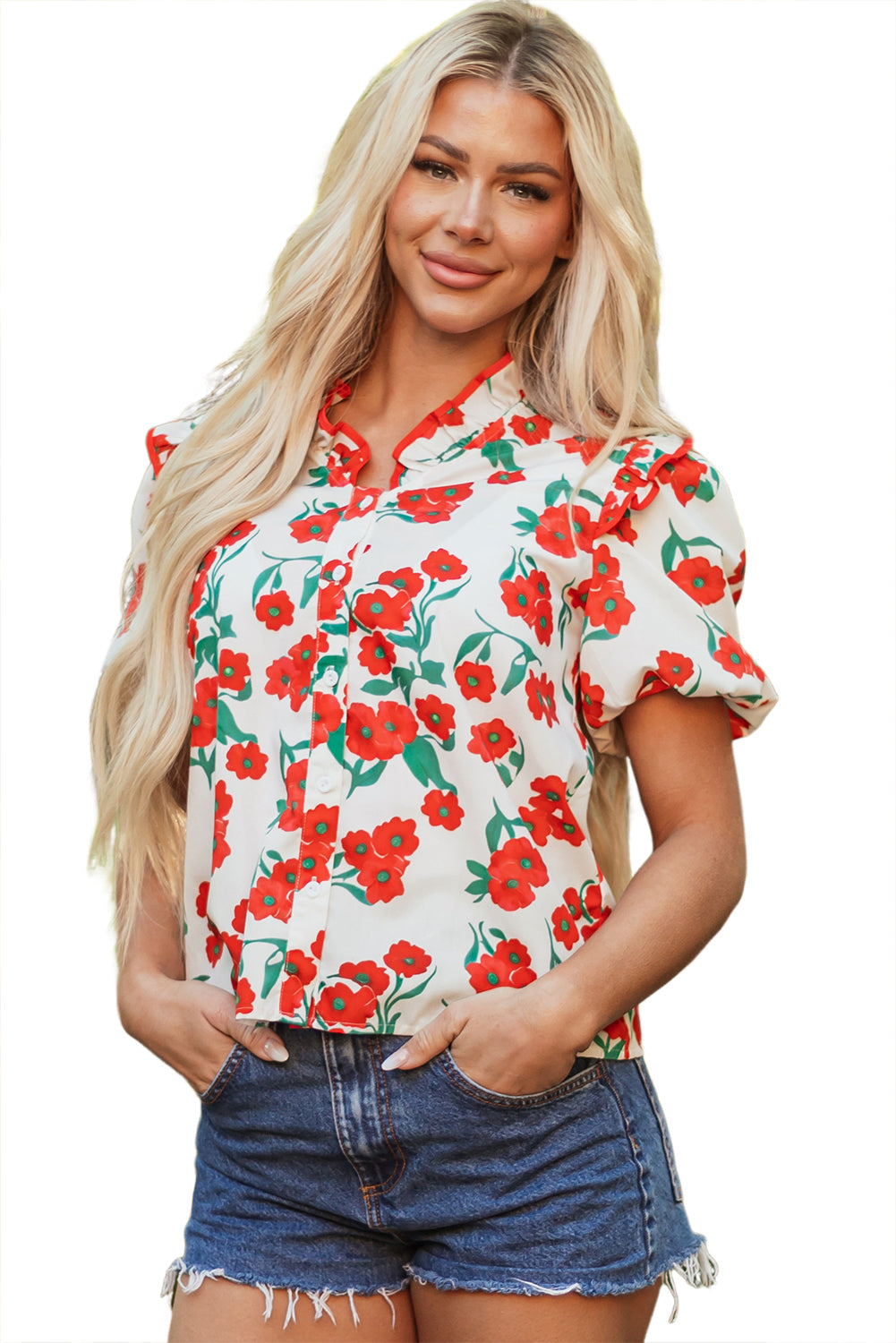 Red Floral Print Ruffled Puff Sleeve Elegant Summer Shirt eAura