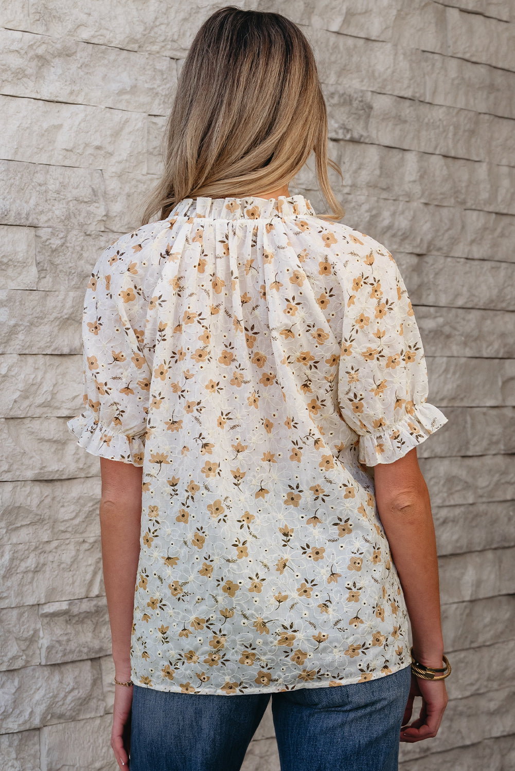 White Floral Eyelet Embroidered Puff Sleeve Notch V Neck Blouse eAura