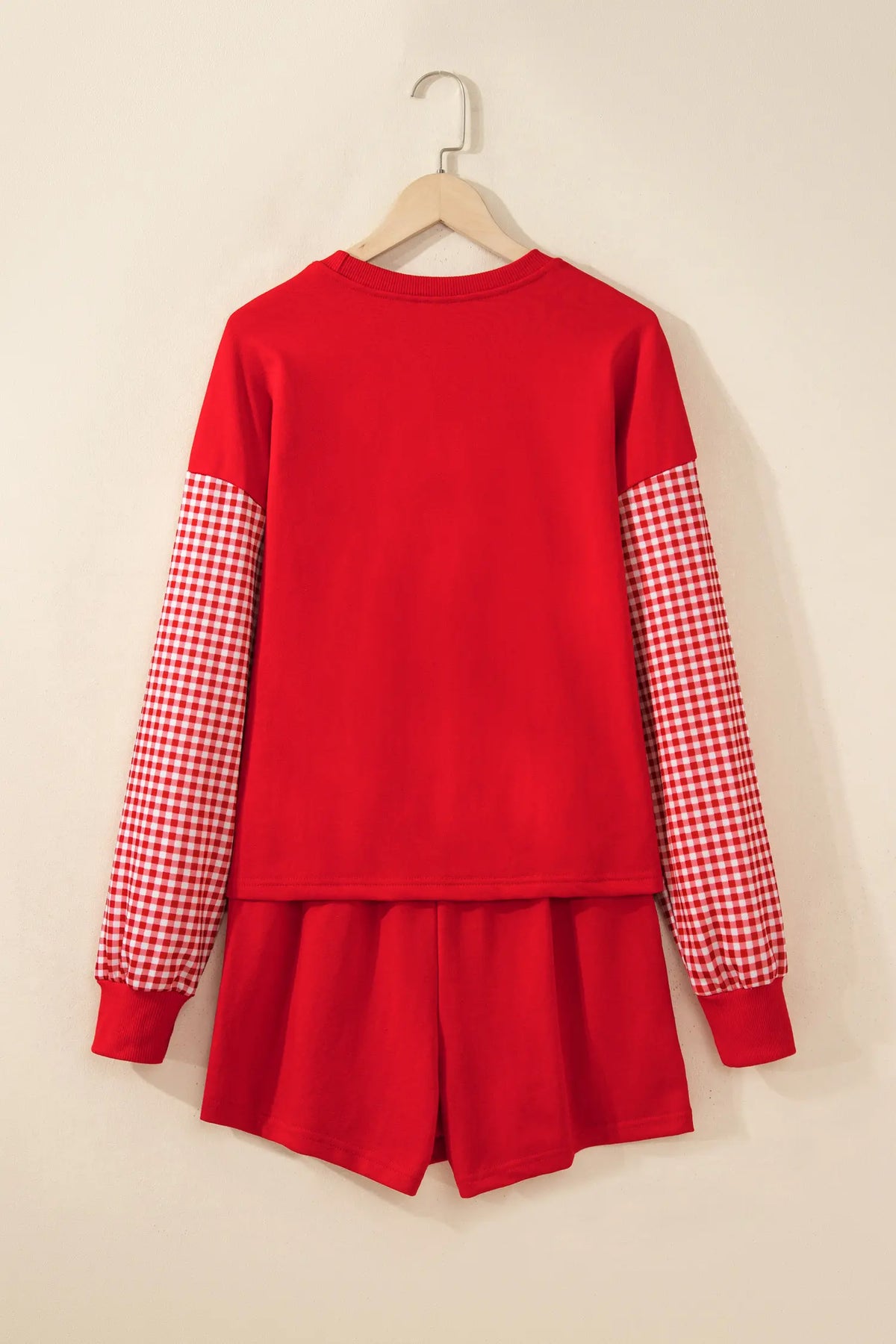 Plaid Patchwork Long Sleeve Top Solid Drawstring Shorts Set – Red
