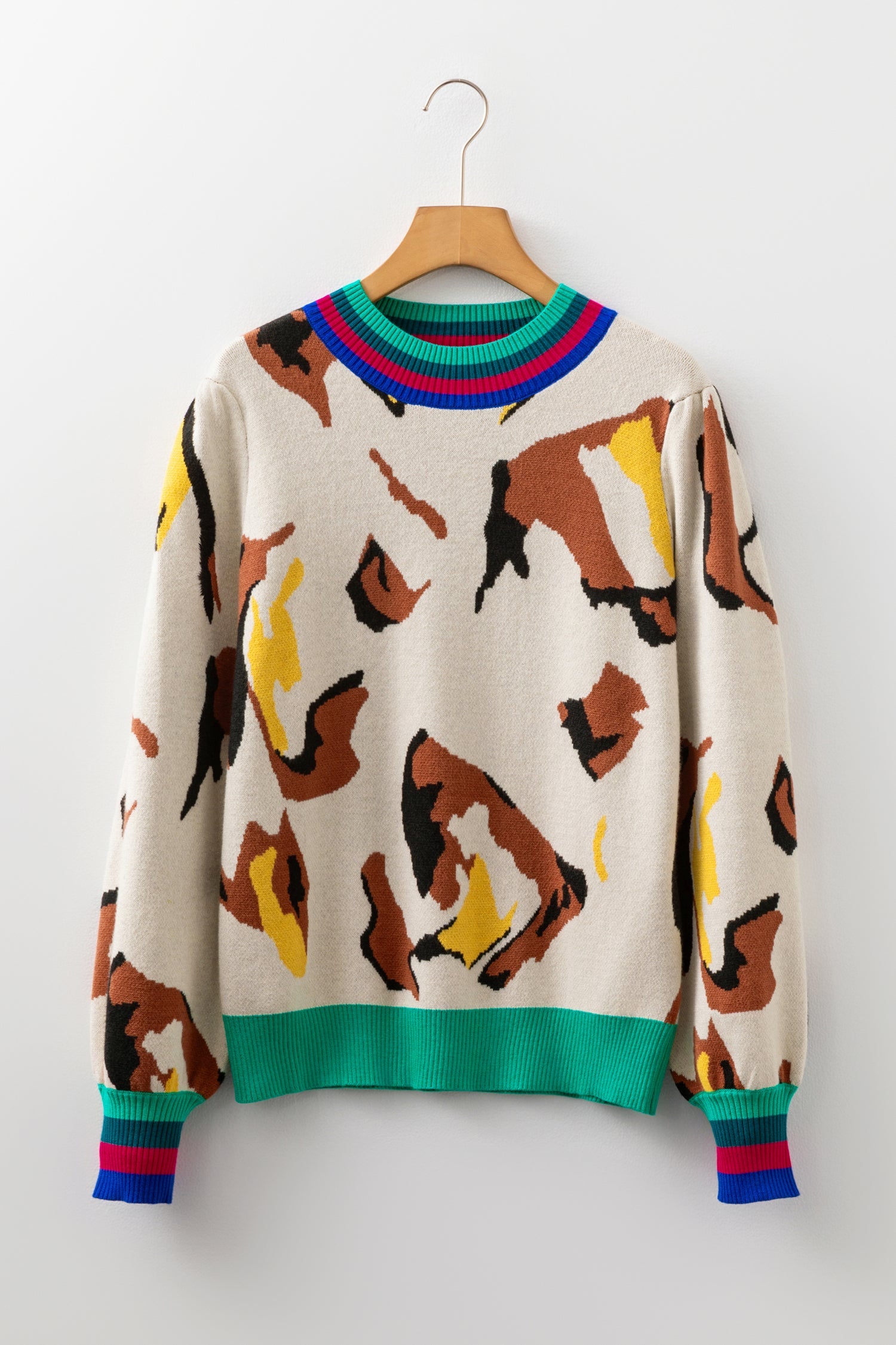 Contrast Ribbed Stripes Detail Animal Pattern Knit Sweater - eAura