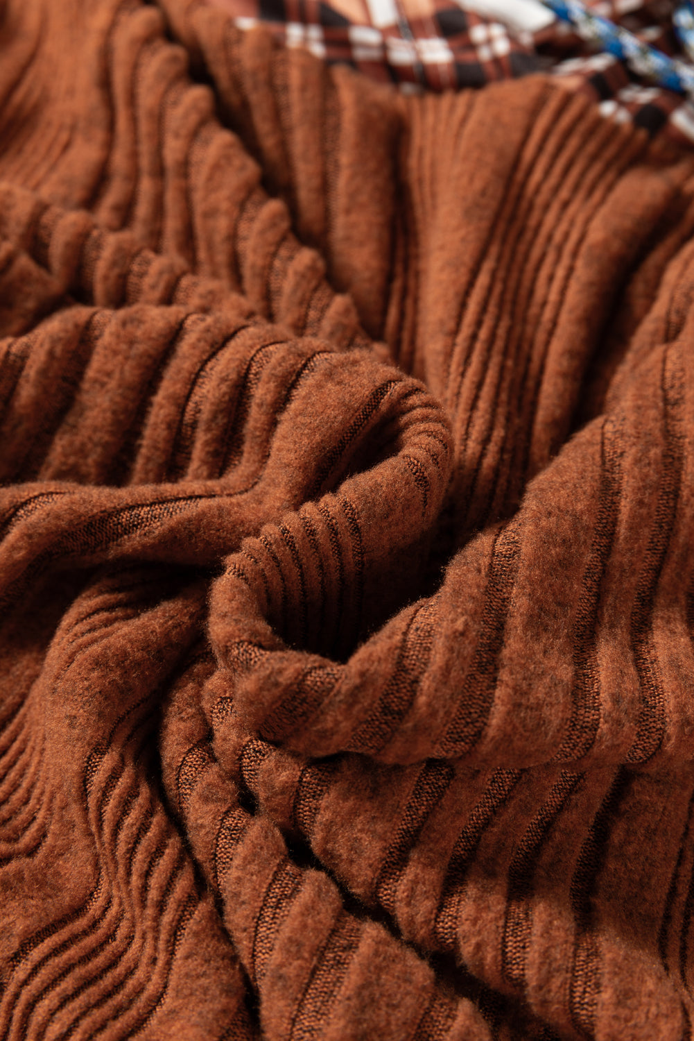 Plaid Patchwork Ribbed Drawstring Hooded Top - eAura