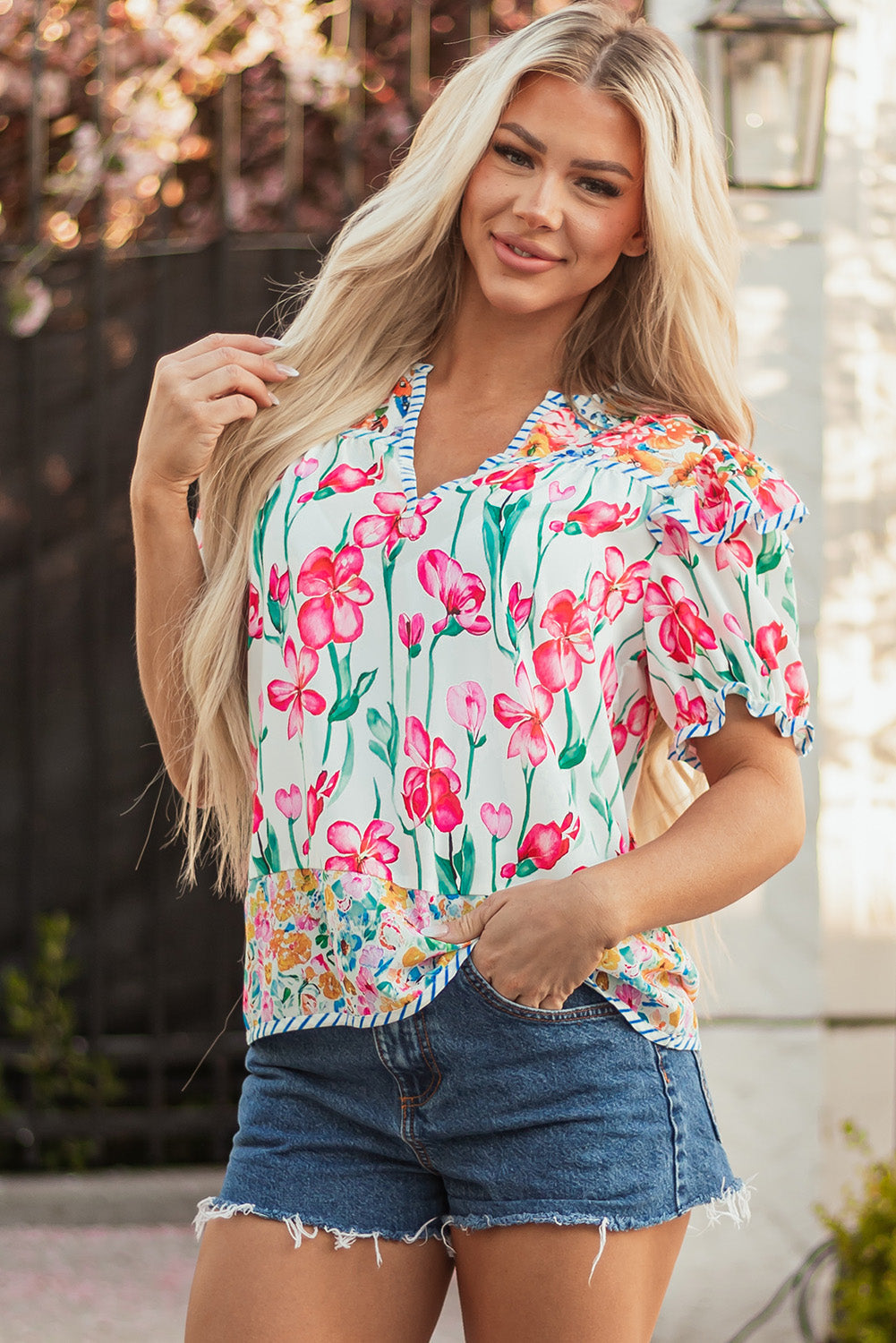 Pink Floral Print Striped Detail Split Neck Short Sleeve Blouse eAura