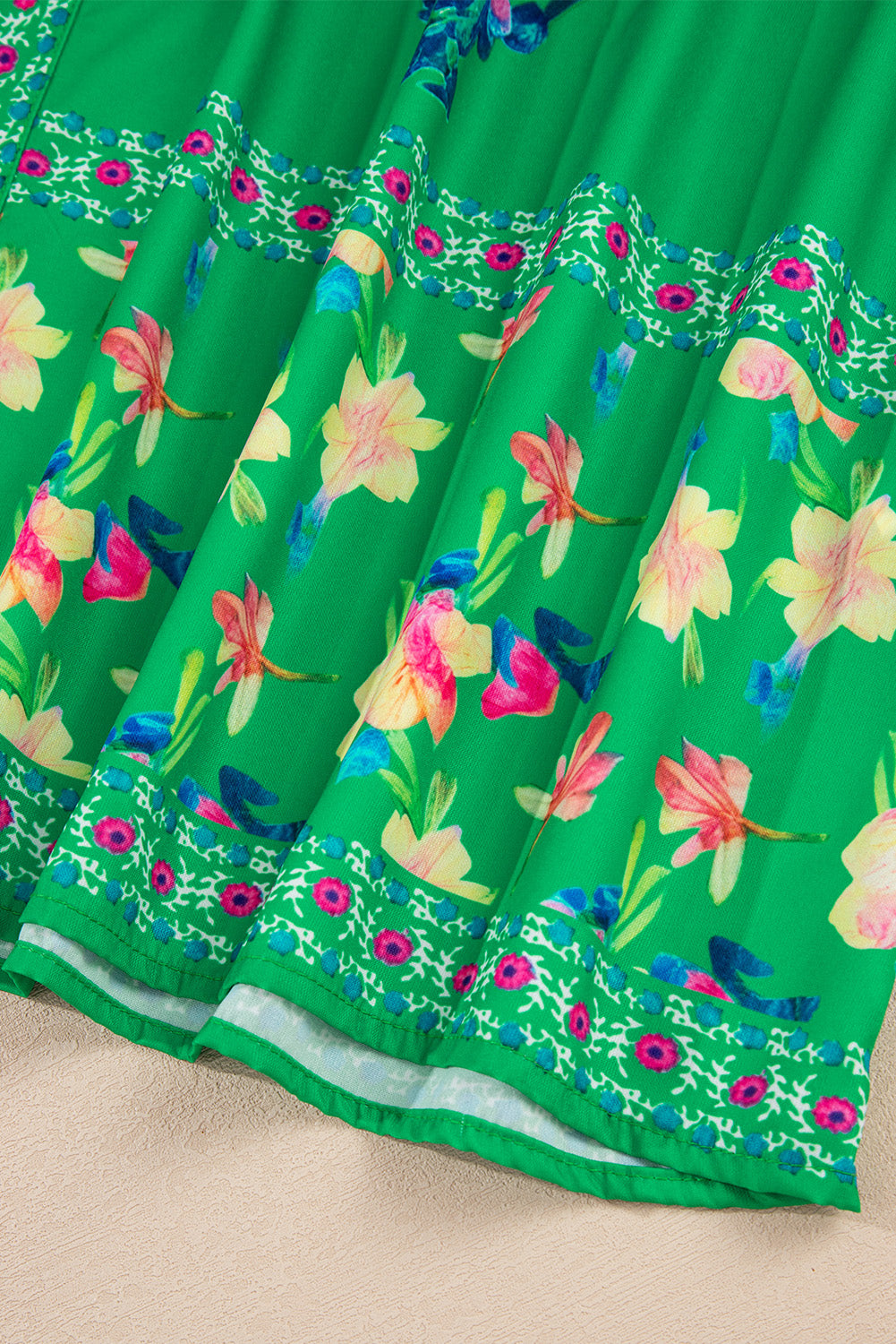 Green Floral Print Contrast Trim Knotted Straps Midi Dress eAura