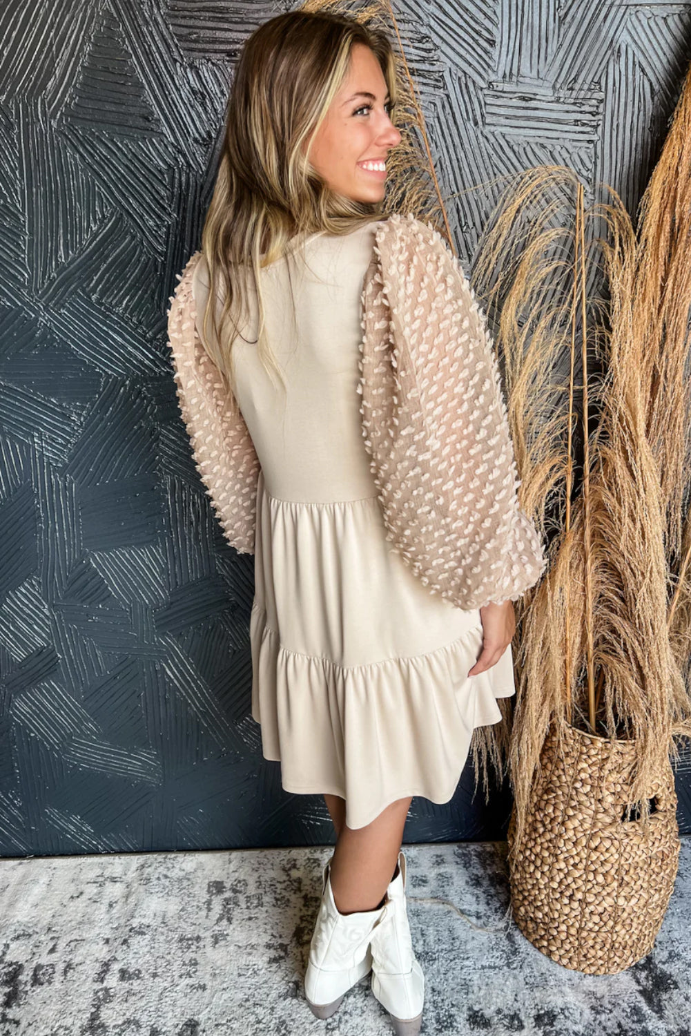 Beige Embellished Puff Sleeve Tiered A-line Dress eAura