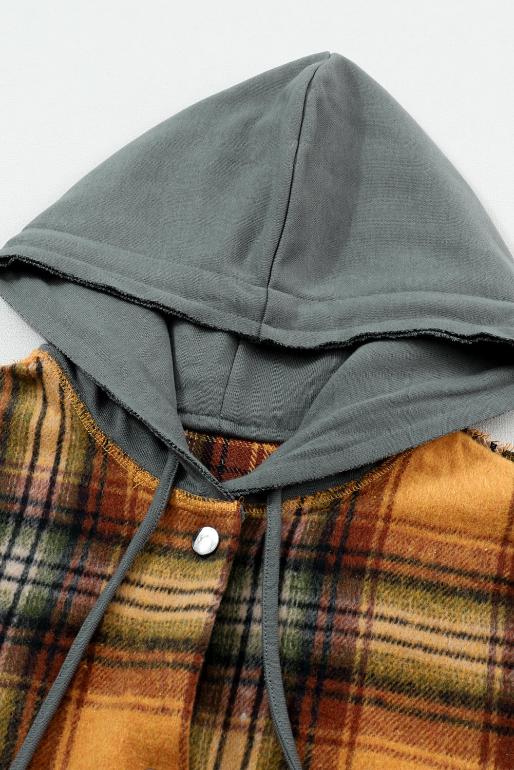 Orange Plaid Patch Hooded Frayed Snap Button Jacket eAura