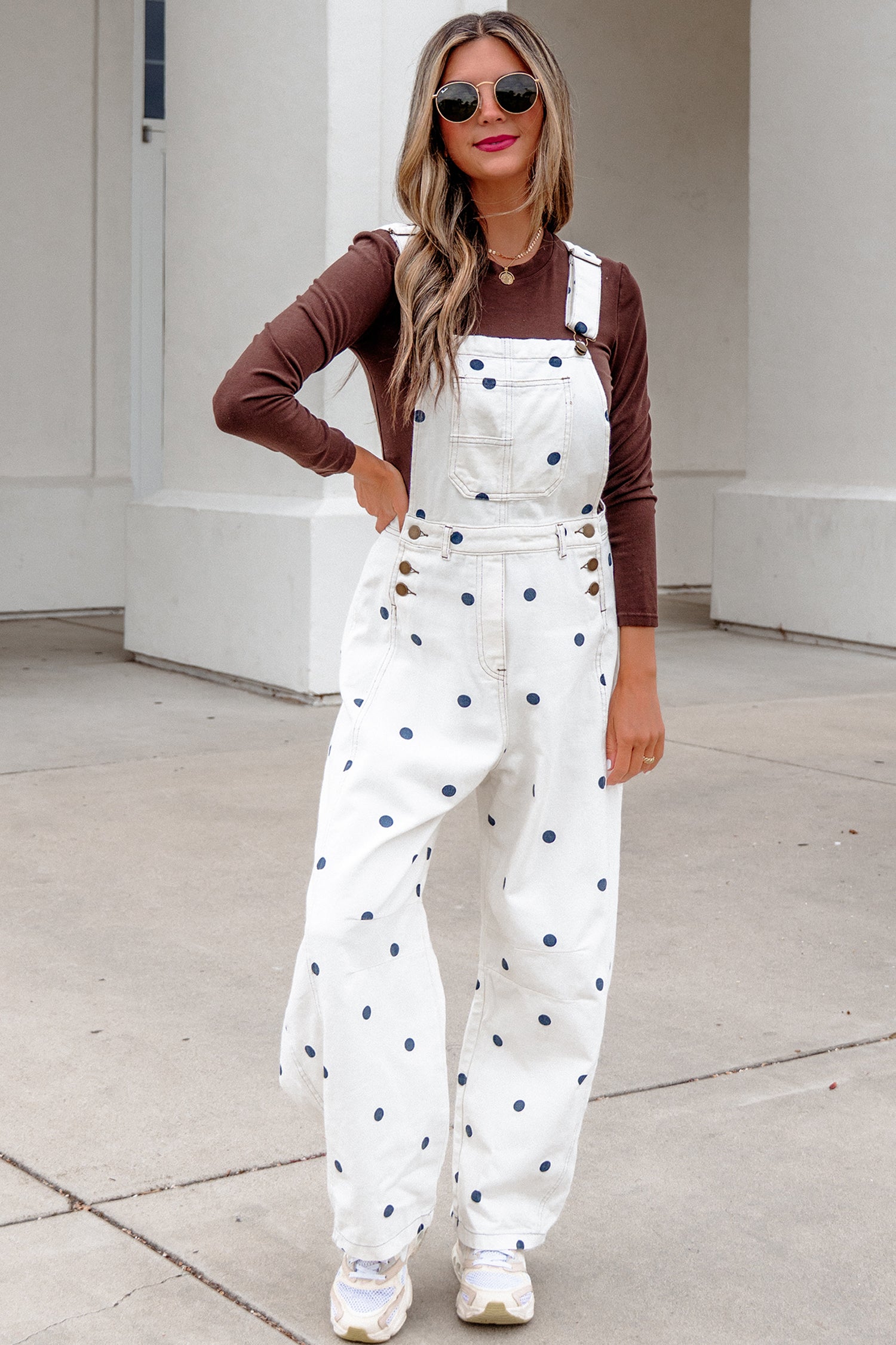 Polka Dot Print Bib Pocket Denim Barrel Overalls
