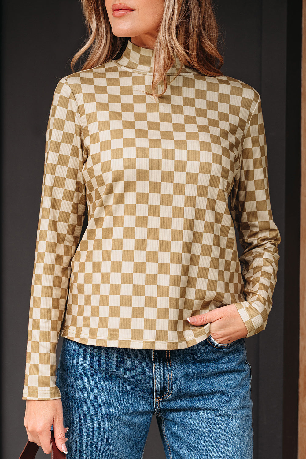 Check Pattern Turtleneck Ribbed Slim Long Sleeve Tee - eAura