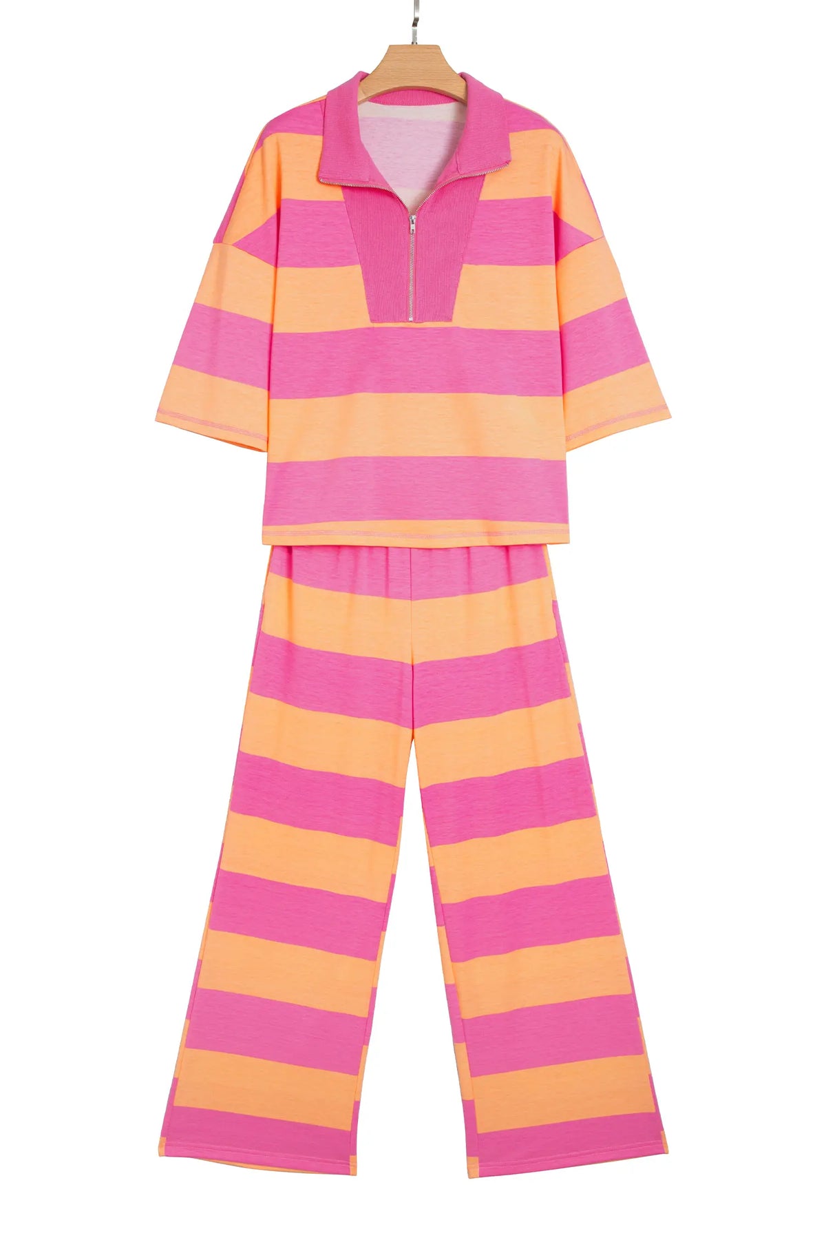Colourblock Half Sleeve Top Casual Loose Pants 2pcs Set – Orange Stripe