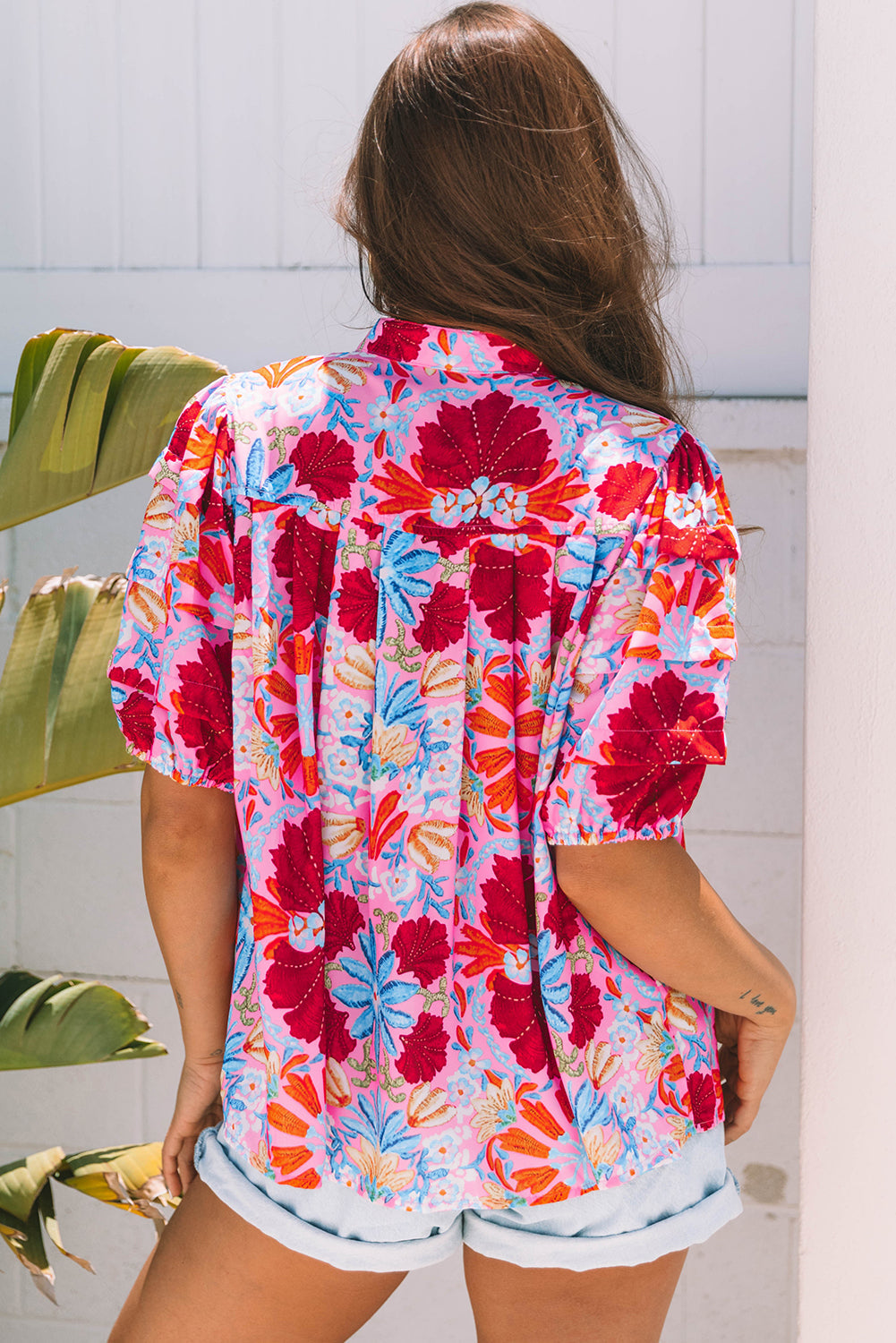 Pink Floral Print Bubble Sleeve Button Up Pleated Shirt BB Fashion Outlet