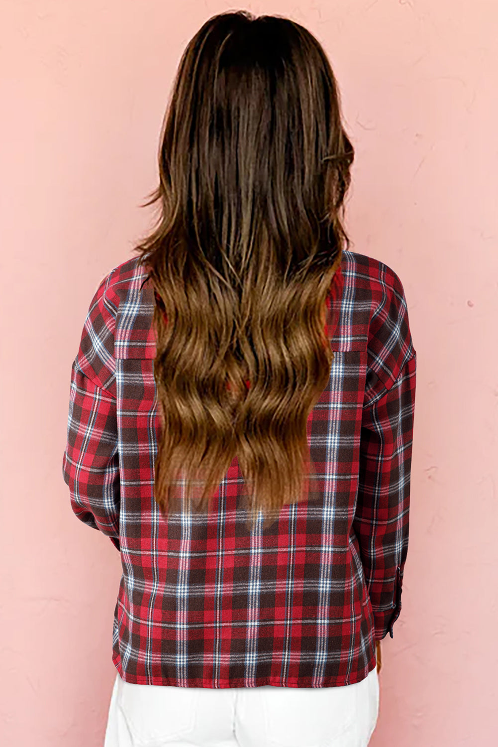 Red Plaid Print Collared V-Neck Oversized Blouse with Side Slits - Tops/Blouses & Shirts