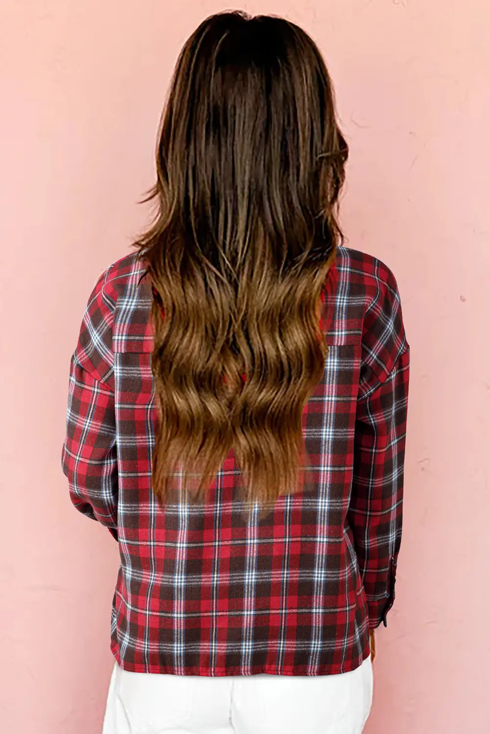 Red Plaid Print Collared V-Neck Oversized Blouse with Side Slits - S - Tops/Blouses & Shirts