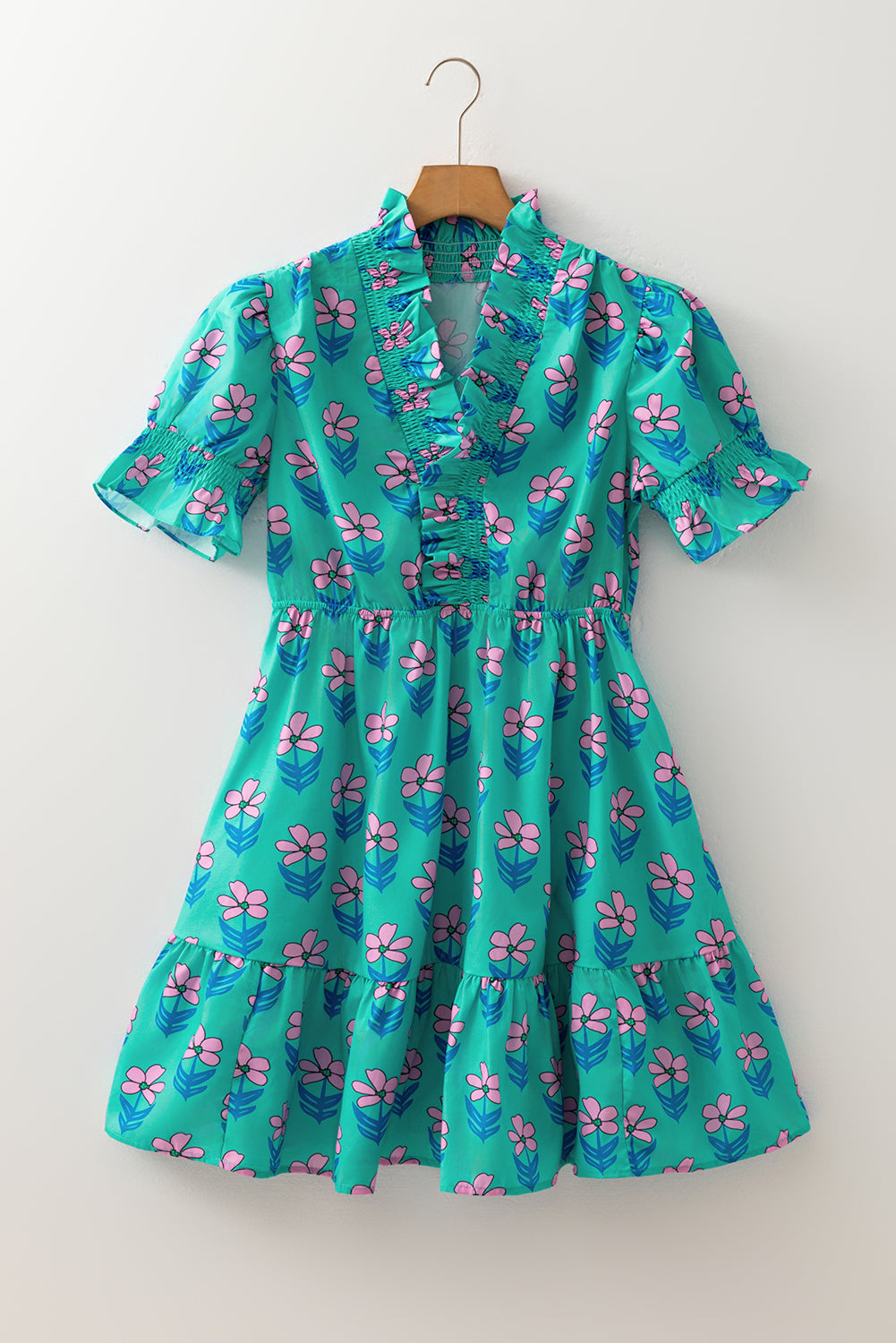Green Floral Print Frilly Smocked Detail Mini Dress Dear-Lover Dropshipping