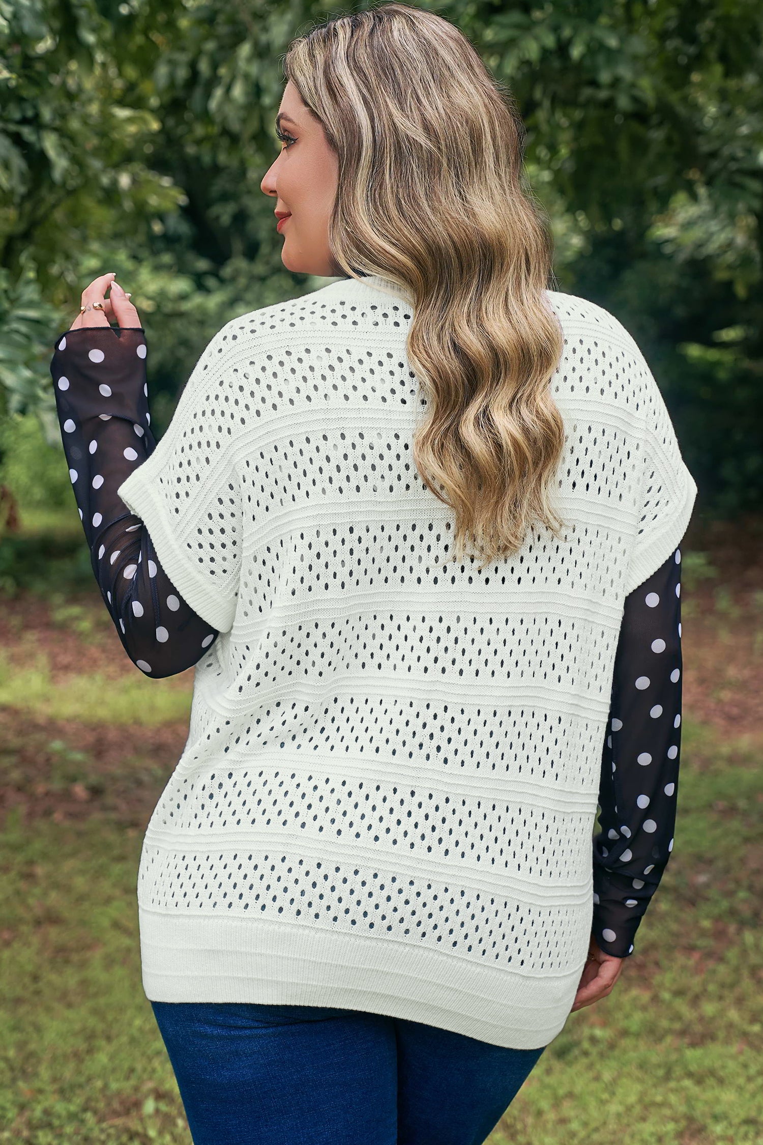 Plus Size Eyelet Hollow-Out Knit Dolman Short Sleeve Sweater