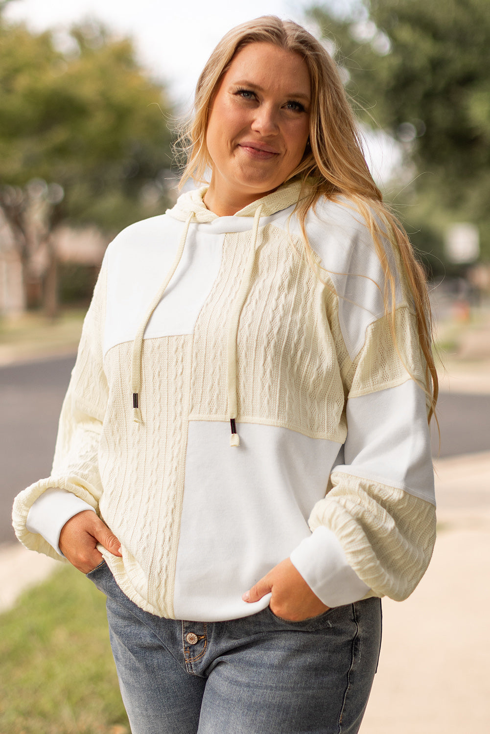 Beige Textured Patchwork Exposed Seam Plus Size Hoodie Beagle Boutique Fashion Outlet
