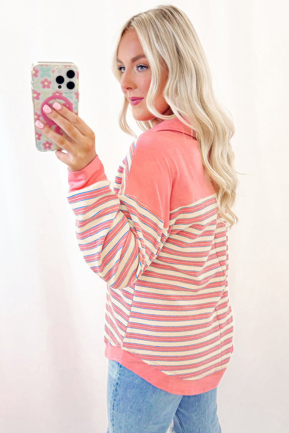 Pink Stripe Buttoned V Neck Collared Drop Shoulder Top BB Fashion Outlet