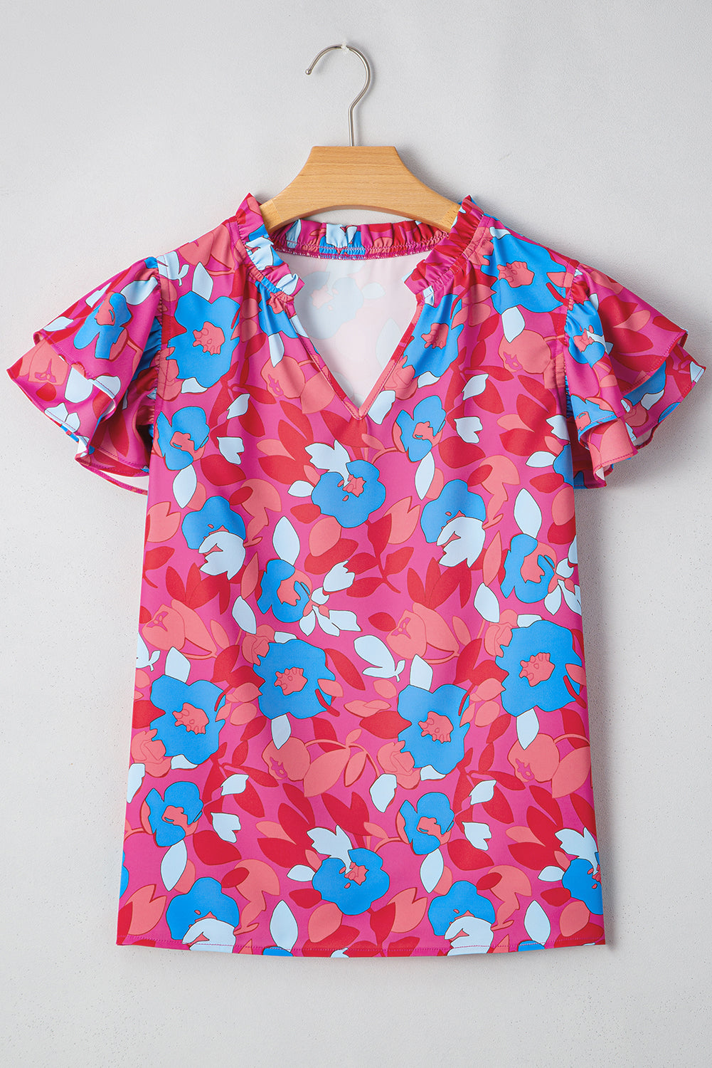 Rose Red Ruffled Sleeve Floral Blouse eAura