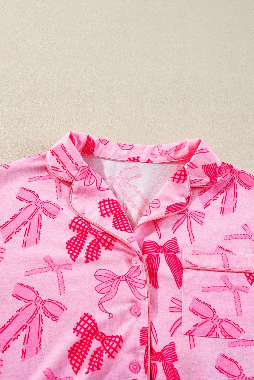 Pink Bow Knot Print Lapel Collar Short Sleeve and Pants Pyjamas Set Beagle Boutique Fashion Outlet