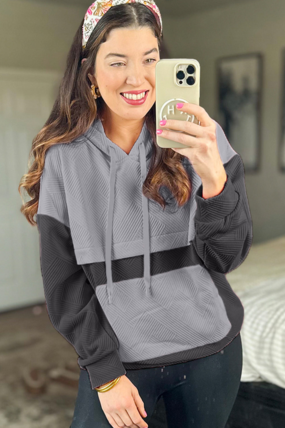 Pink Textured Colour Block Kangaroo Pocket Drop Shoulder Hoodie eAura