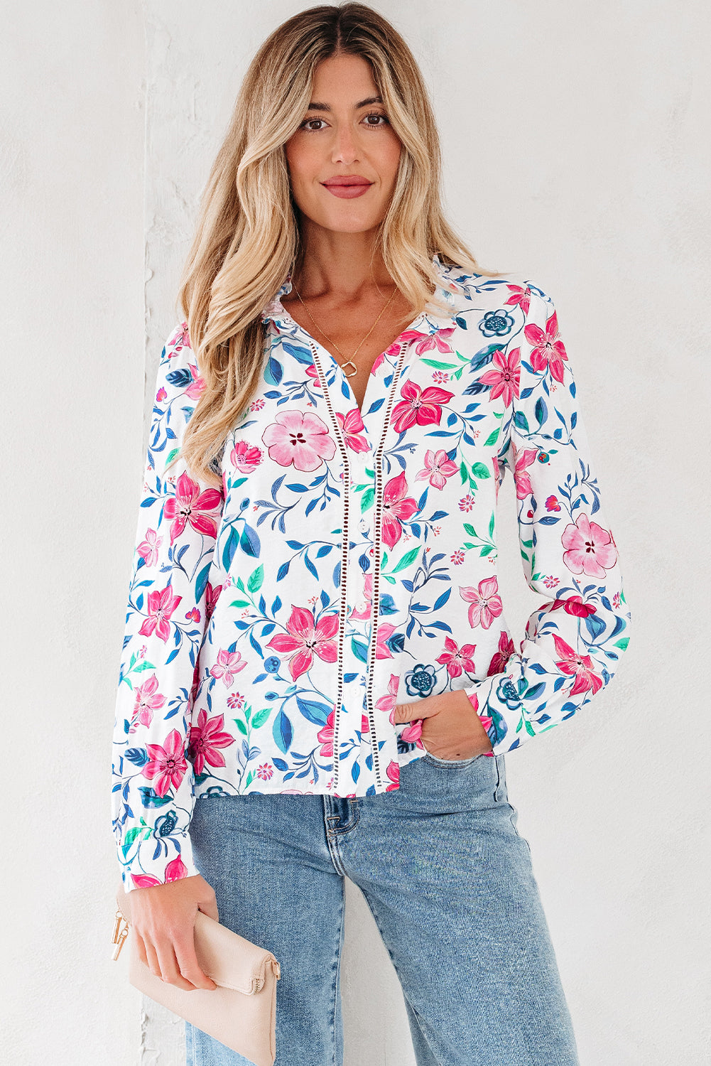 Pink Floral Print Lace Detail Button-up Long Sleeve Shirt - eAura