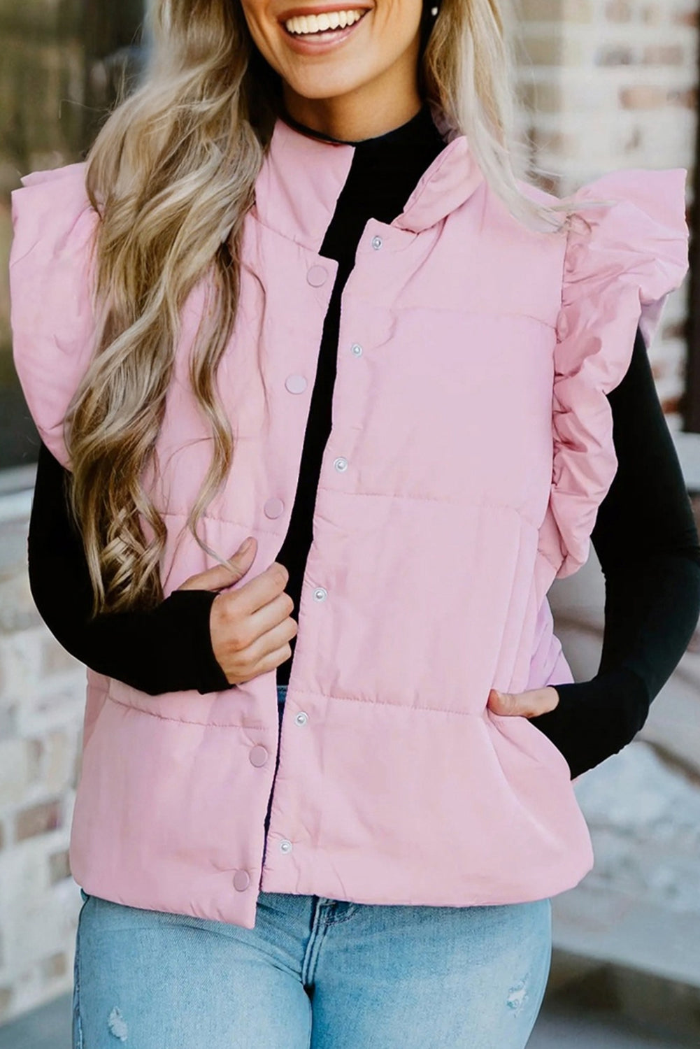 Pink Stand Neck Flutter Cap Sleeve Snap Button Puffer Gilet eAura