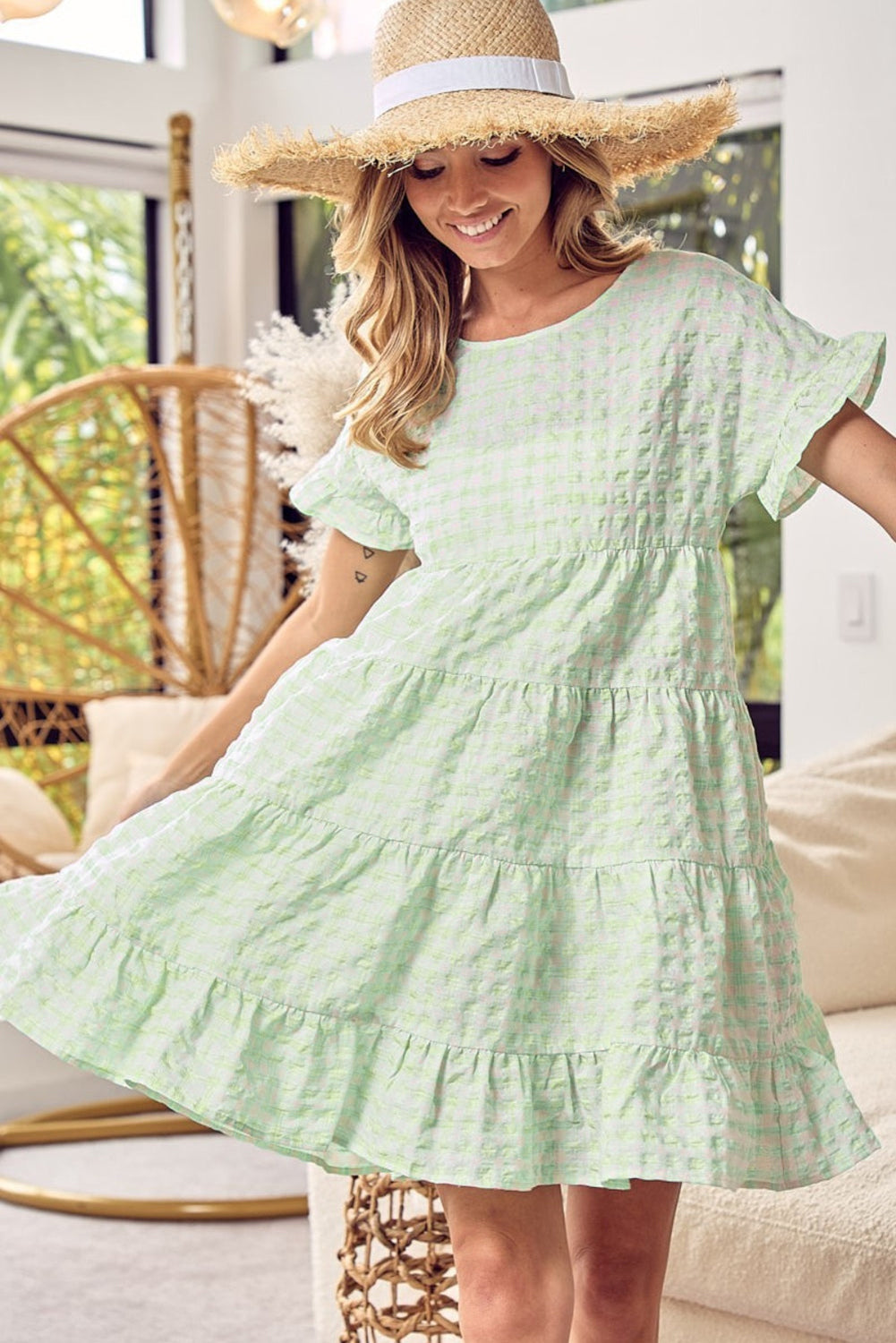 Green Stripe Textured Tiered Short Sleeve Loose Mini Dress eAura