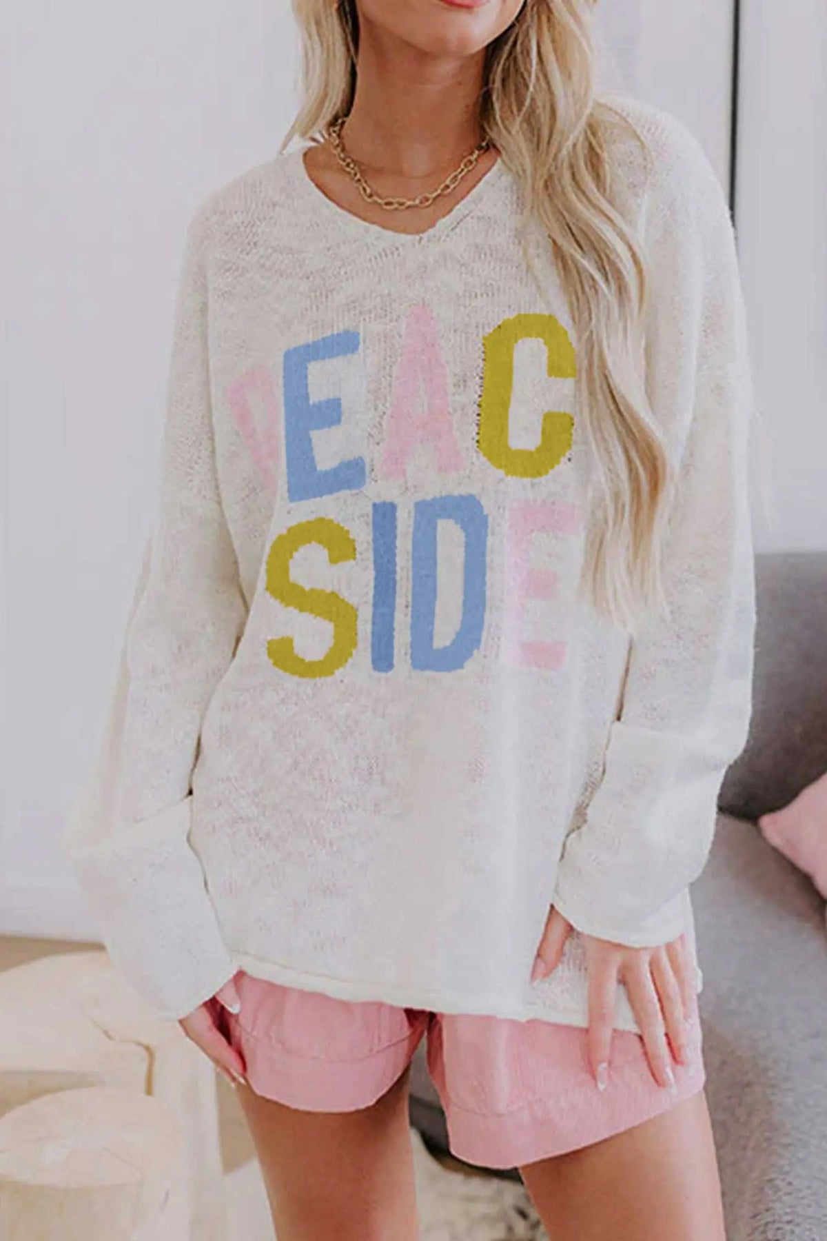 V Neck Lightweight Knit BEACH SIDE Shift Tunic Sweater – White