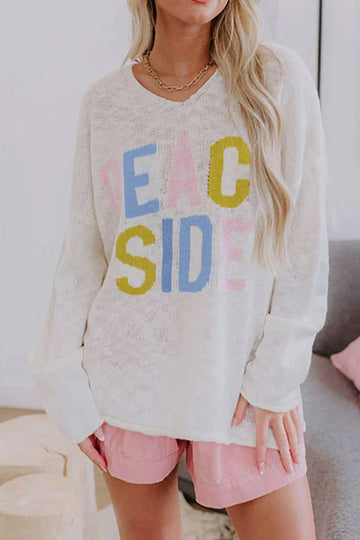 V Neck Lightweight Knit BEACH SIDE Shift Tunic Sweater – White