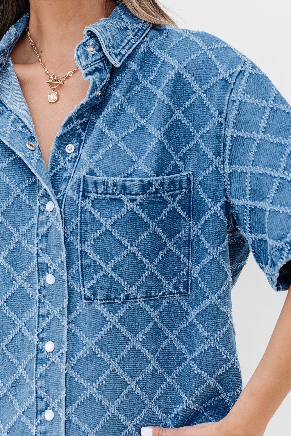 Dusk Blue Checkered Textured Short Sleeve Patched Pocket Denim Shirt eAura