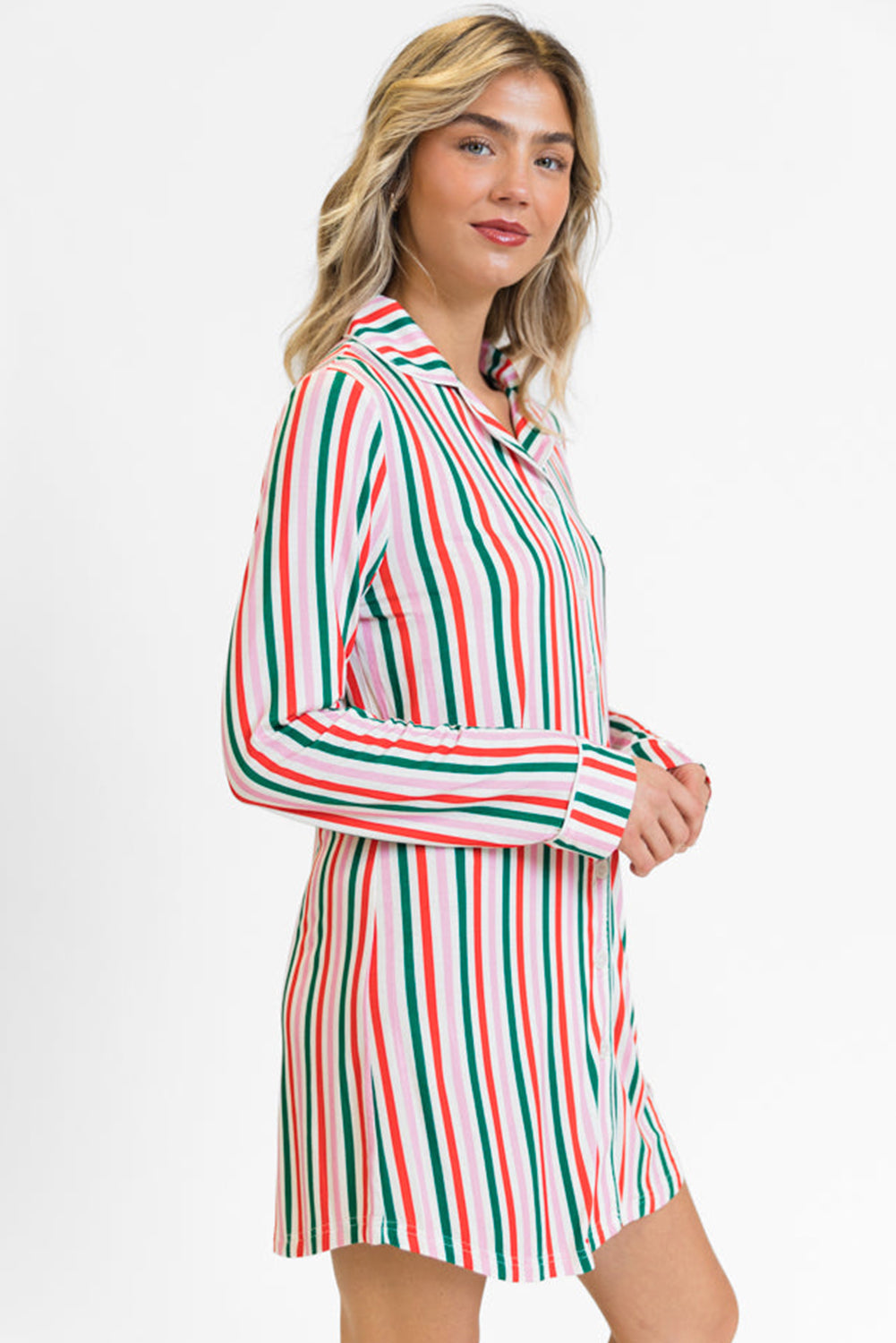 Pink Stripe Christmas Long Sleeve Shirt Style Nightdress eAura