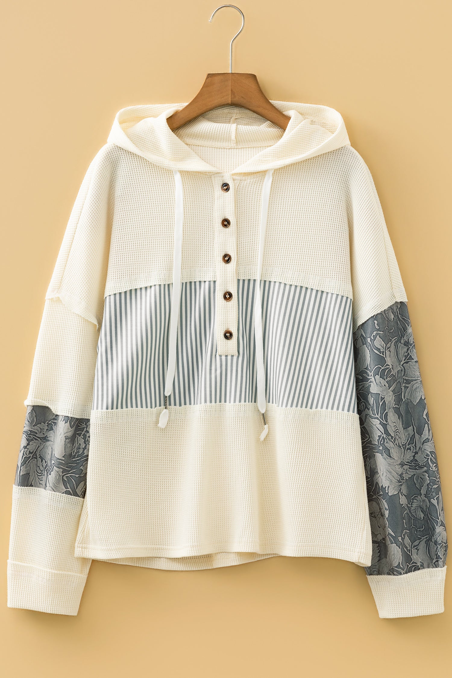 Waffle Patchwork Drawstring Hooded Long Sleeve Top