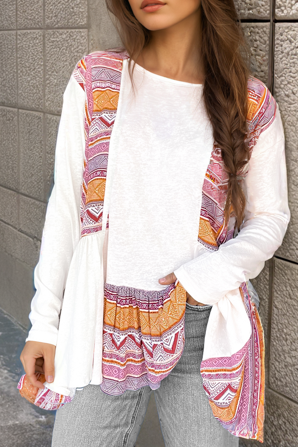White Western Aztec Print Patchwork Ruffled Tunic Long Sleeve Babydoll Top eAura
