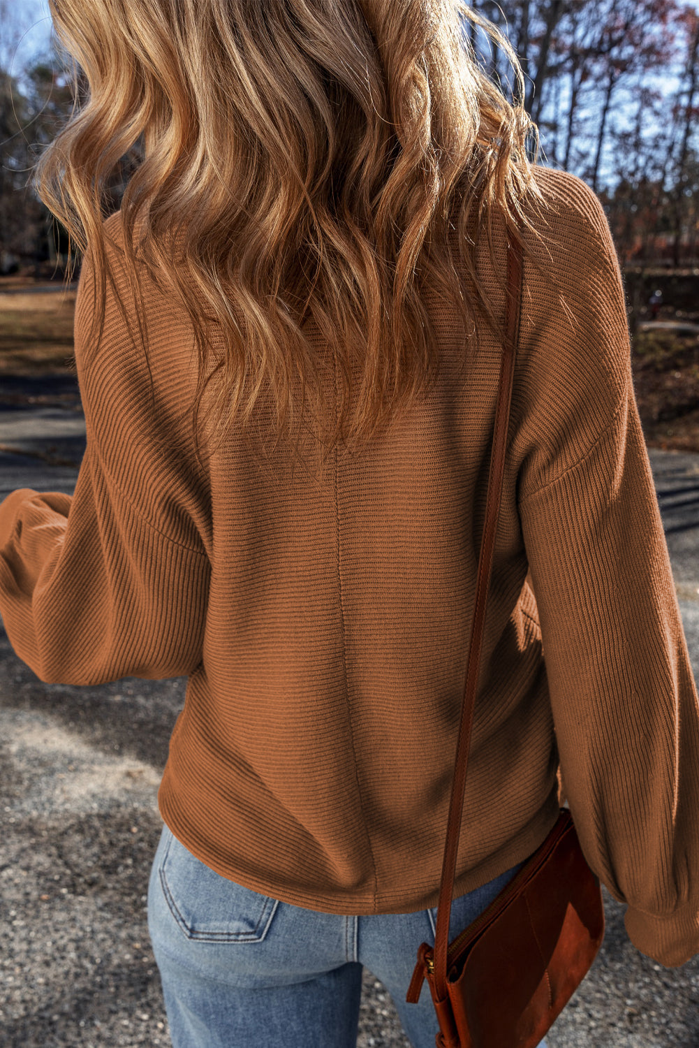 Camel Ribbed Knit Drop Sleeve V Neck Loose Fit Sweater eAura