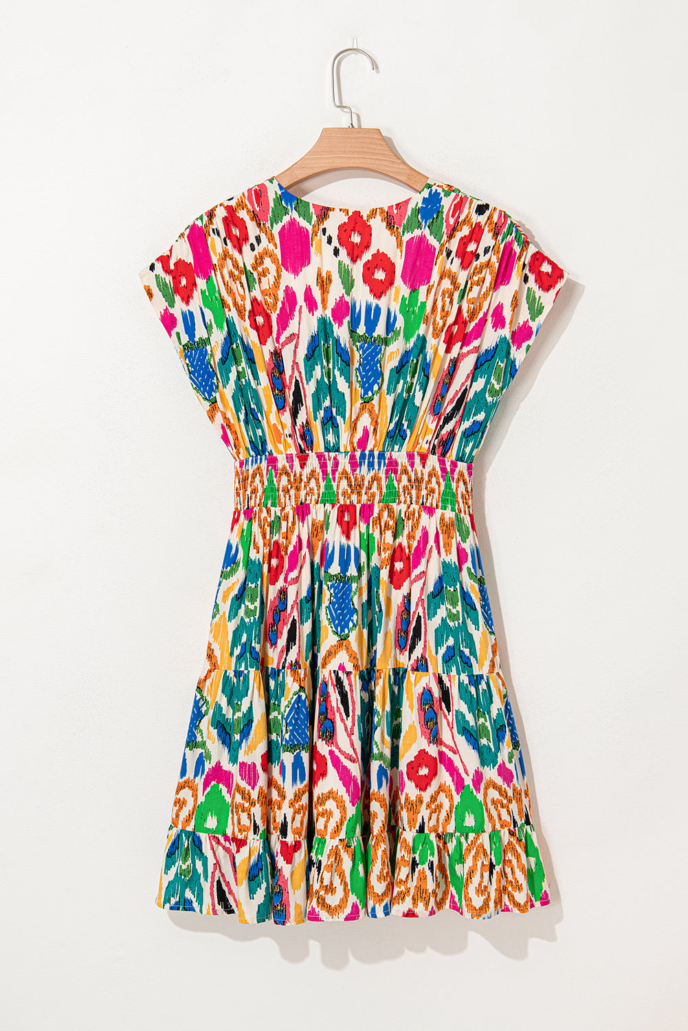Abstract Print V-Neck Dolman Sleeve Ruffle Tiered Mini Dress