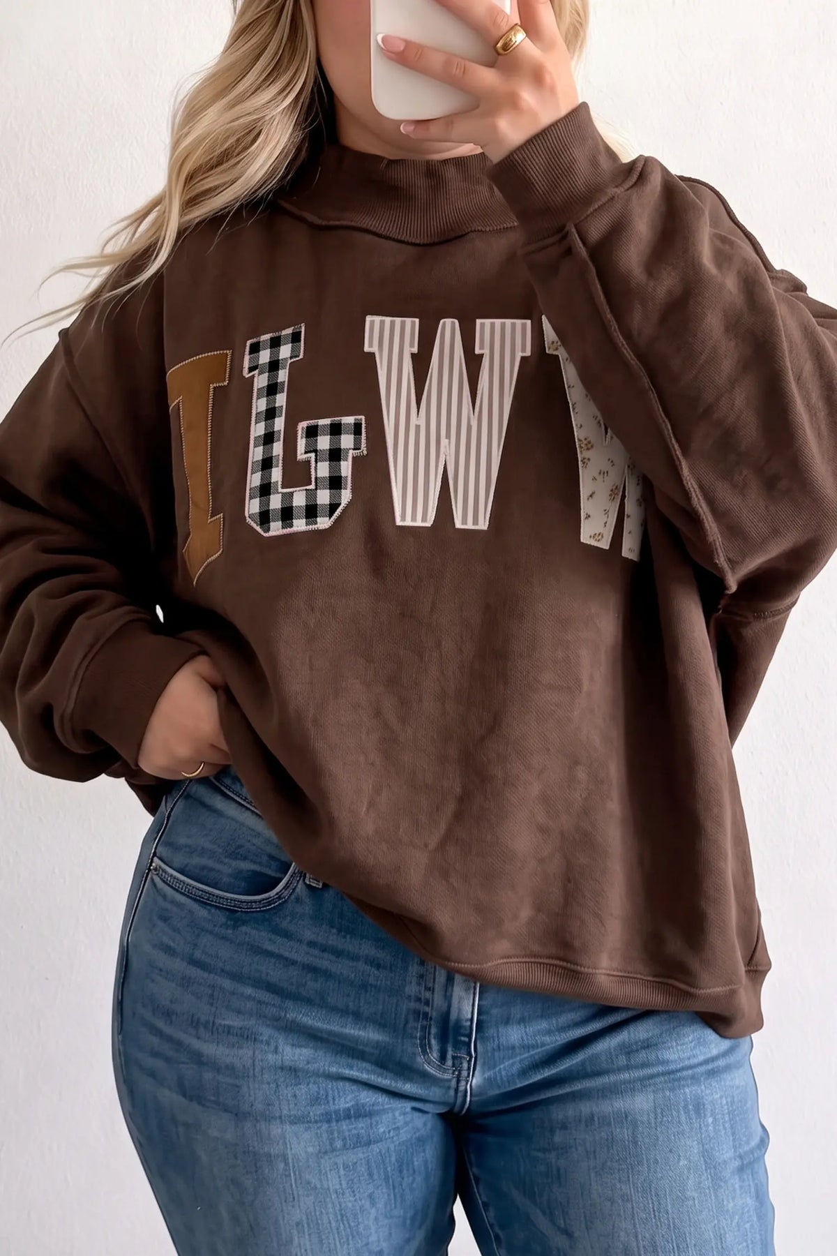 WWJD Mix Pattern Letter Graphic Exposed Seam Loose Plus Size Sweatshirt – Grey